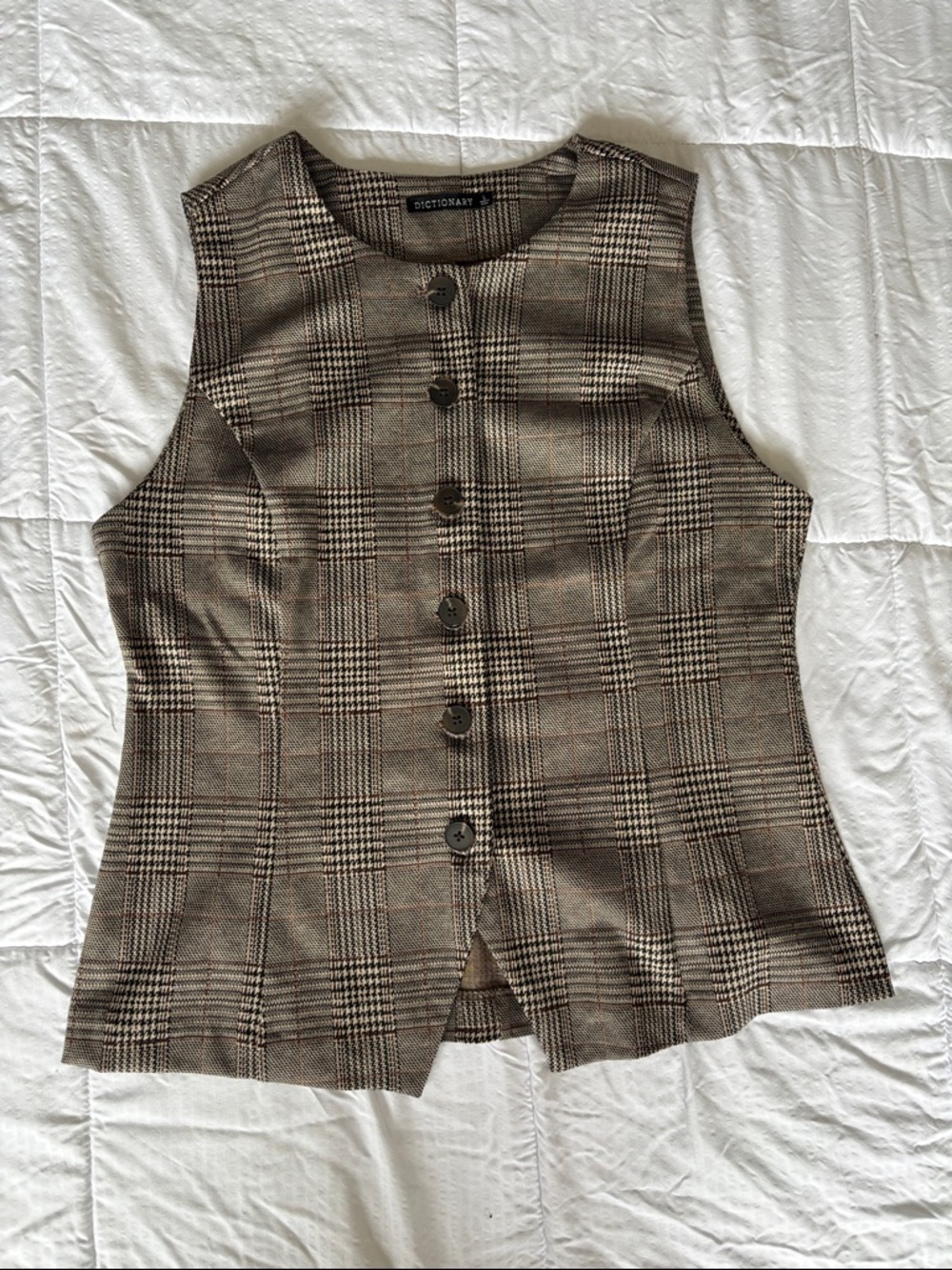Dictionary Plaid Button-Front Tunic Vest in Brown